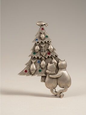 Vintage JJ Jonette Signed Pewter Cat Christmas Tree Pin Rhinestone Brooch